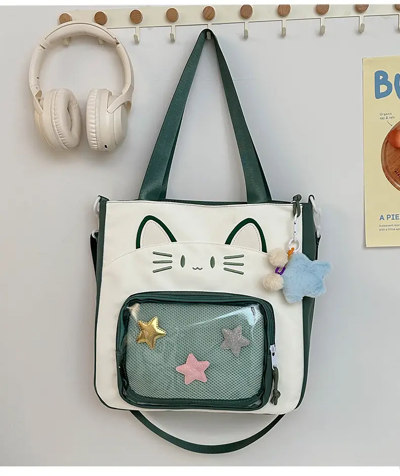 Cat Face One-Shoulder Crossbody Bag White Star Decor - Image 3