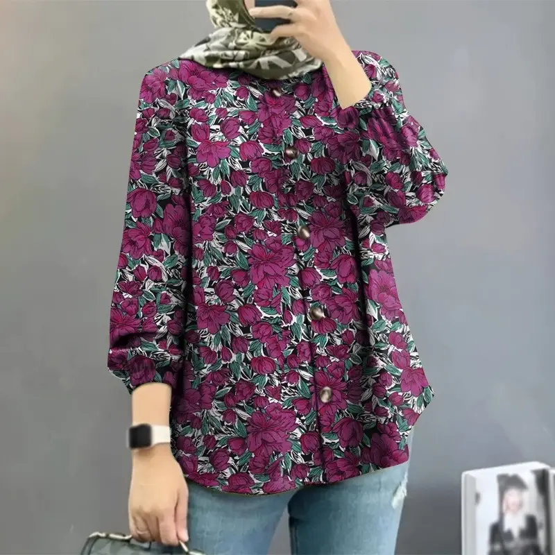 Women Muslim Floral Puff Sleeves Shirt Red 2025 - Image 5