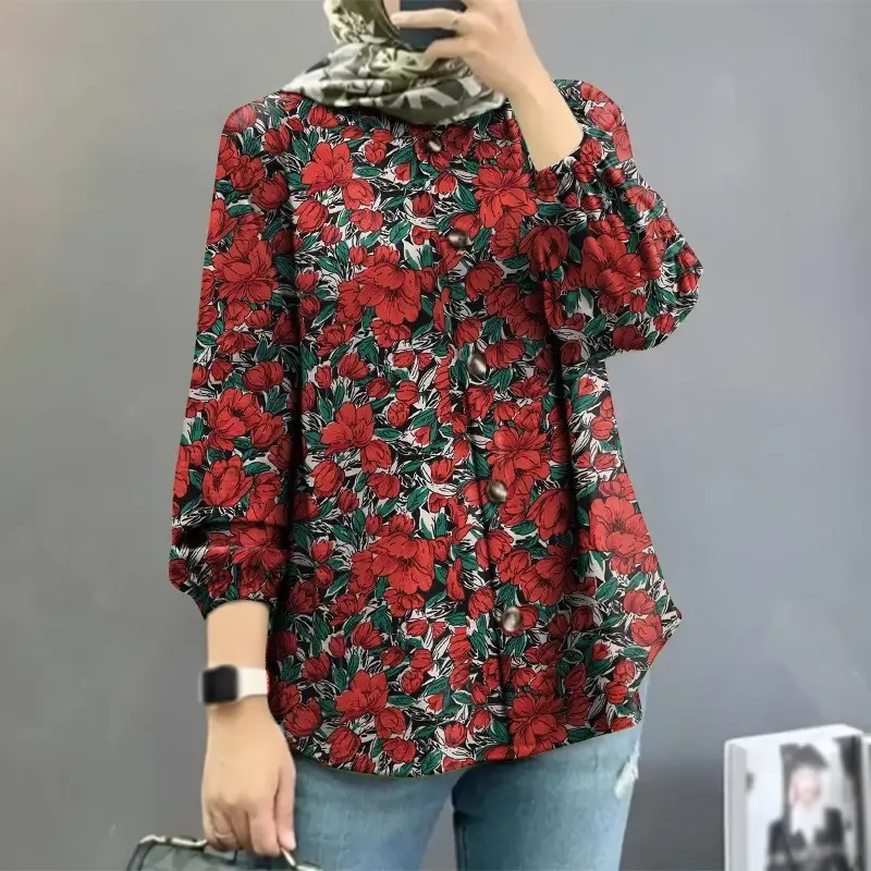 Women Muslim Floral Puff Sleeves Shirt Red 2025 - Image 6
