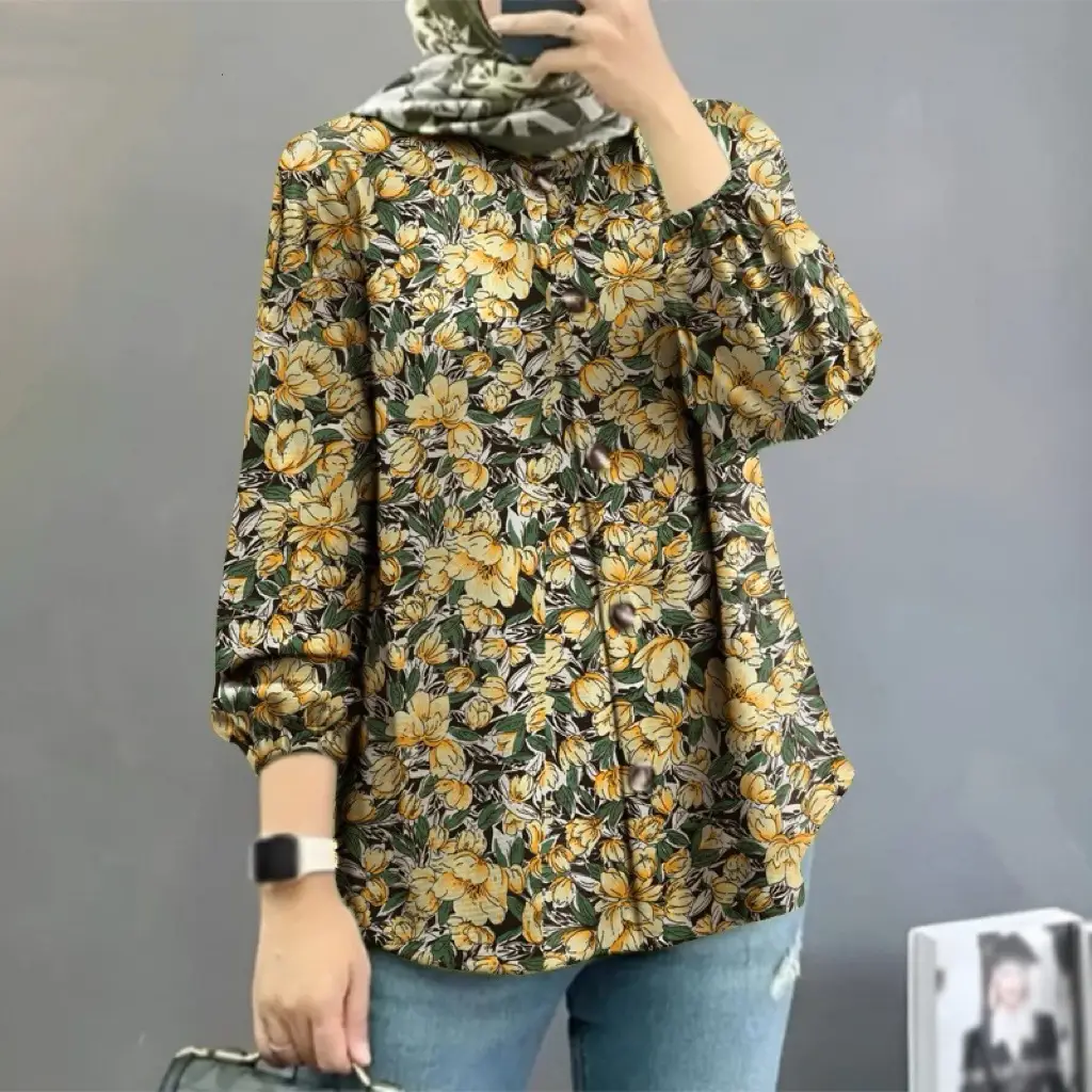 Women Muslim Floral Puff Sleeves Shirt Red 2025 - Image 7