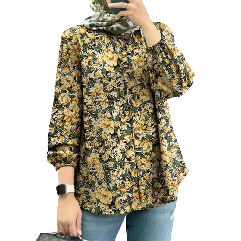 Women Muslim Floral Puff Sleeves Shirt Red 2025 — feature 3