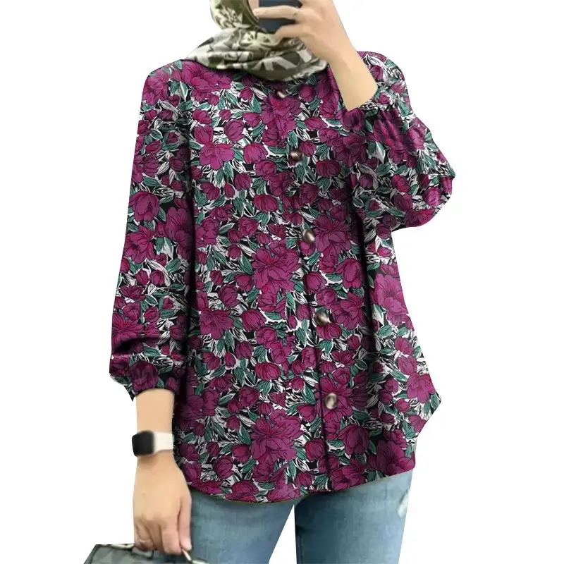 Women Muslim Floral Puff Sleeves Shirt Red 2025 - Image 2