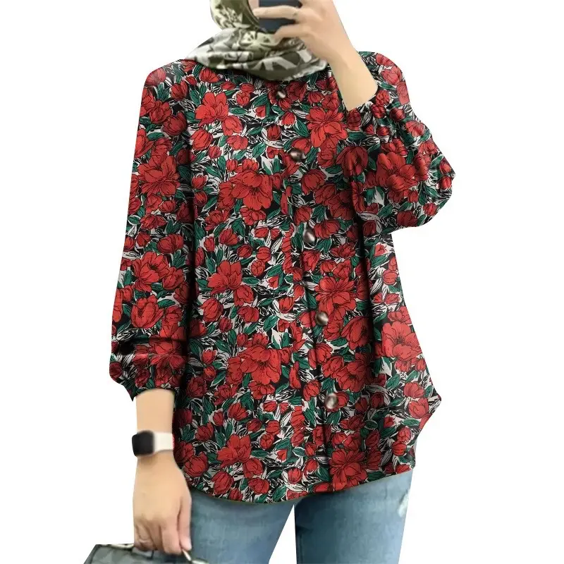 Women Muslim Floral Puff Sleeves Shirt Red 2025 - Image 3