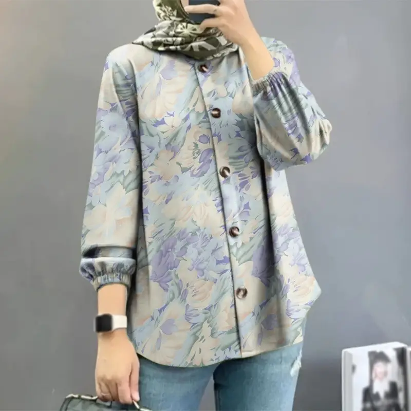 Women Muslim Floral Puff Sleeves Shirt 2025 - Image 5