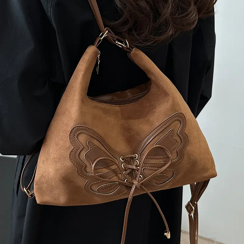 Women's Butterfly Embroidered Brown Tote Bag - Image 7
