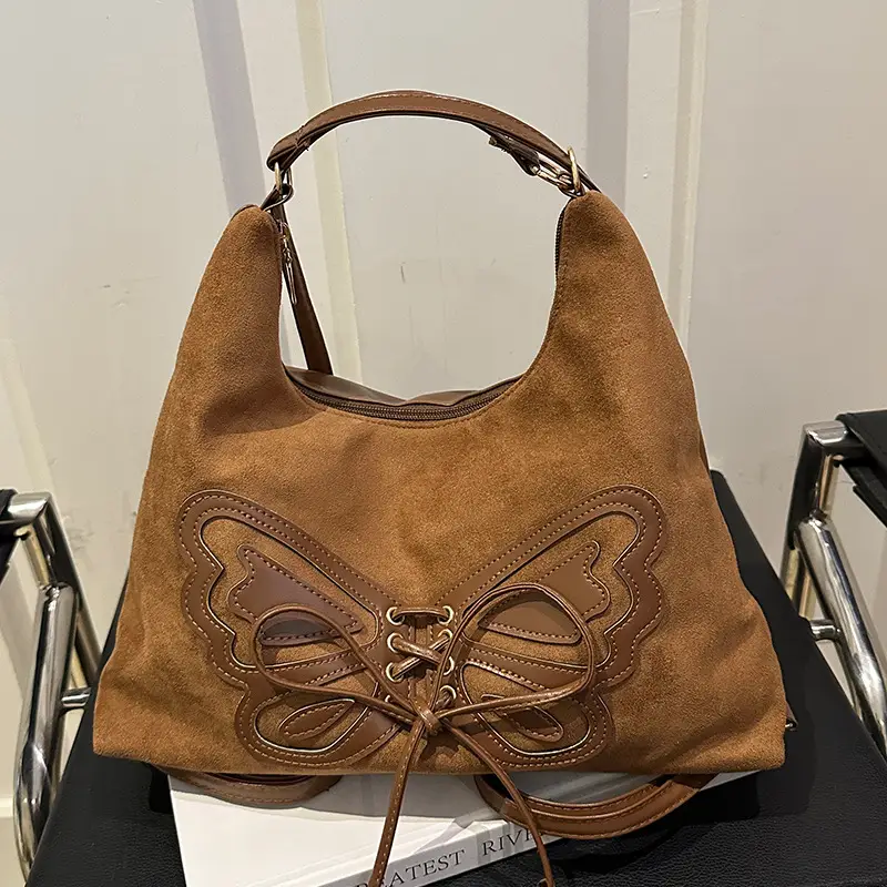 Women's Butterfly Embroidered Brown Tote Bag - Image 2