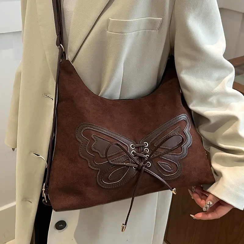 Women's Butterfly Embroidered Brown Tote Bag - Image 3