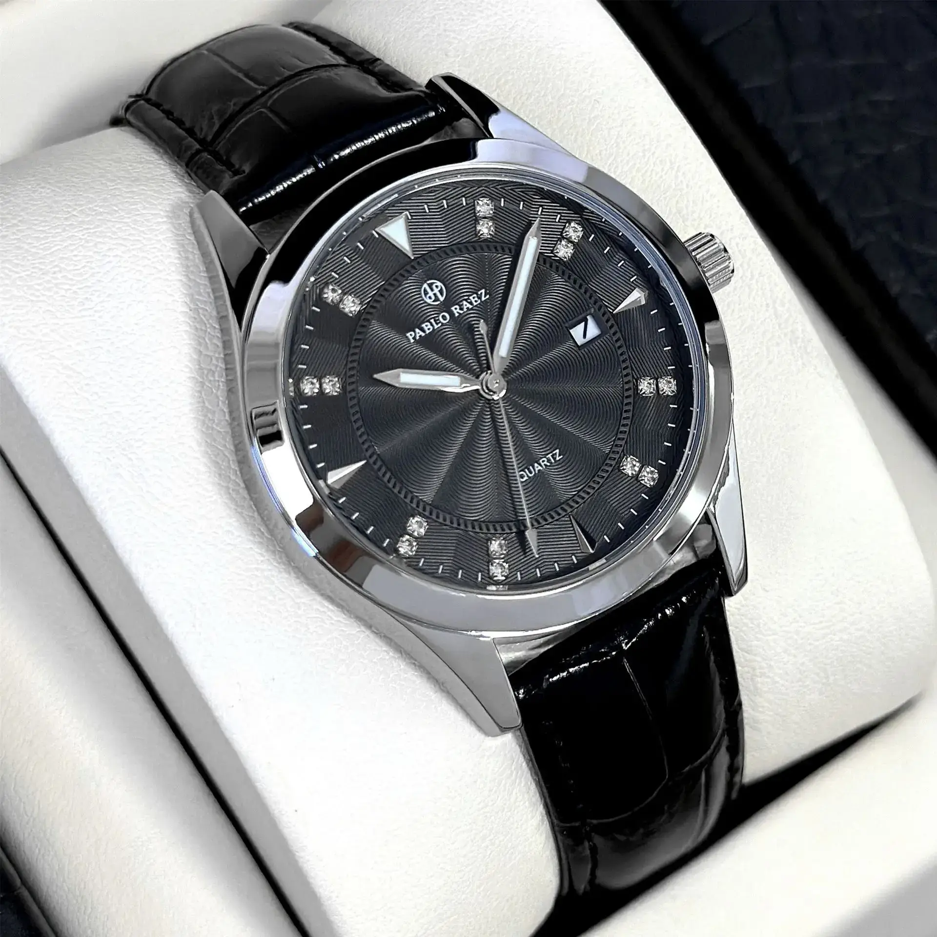 Men's Black Quartz Watch with Leather Strap - Image 3