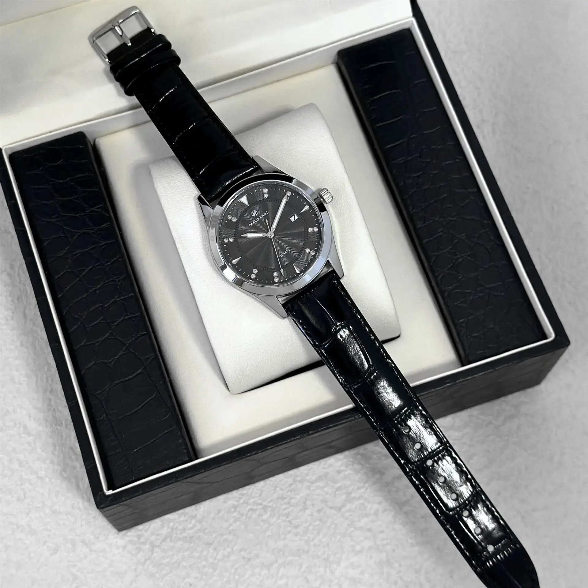 Men's Black Quartz Watch with Leather Strap - Image 5