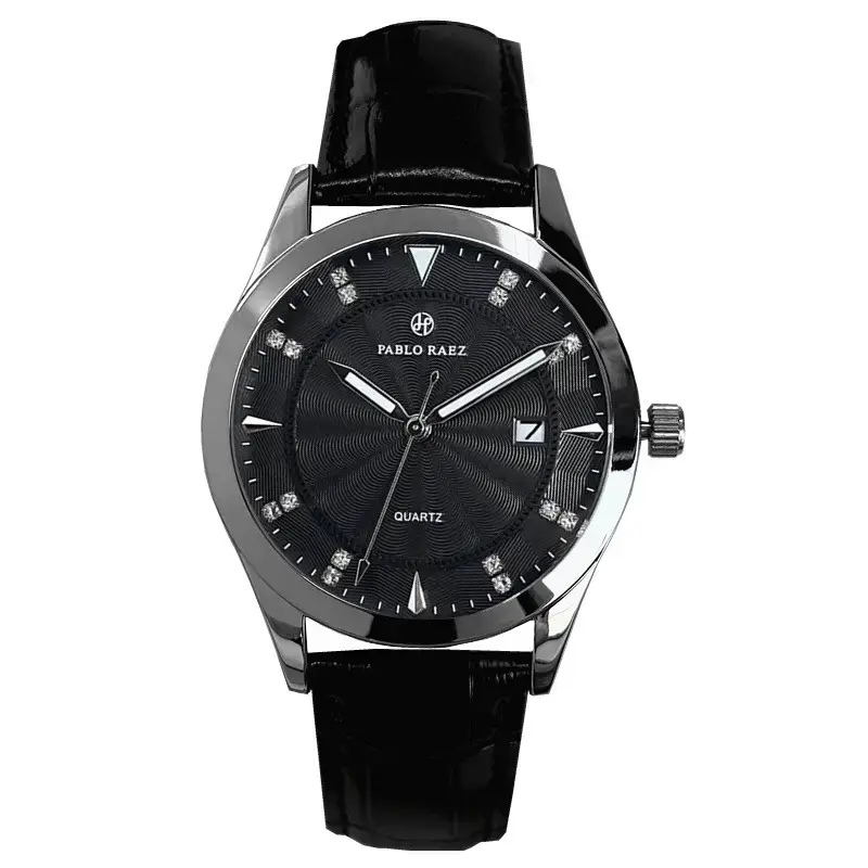 Men's Black Quartz Watch with Leather Strap - Image 7