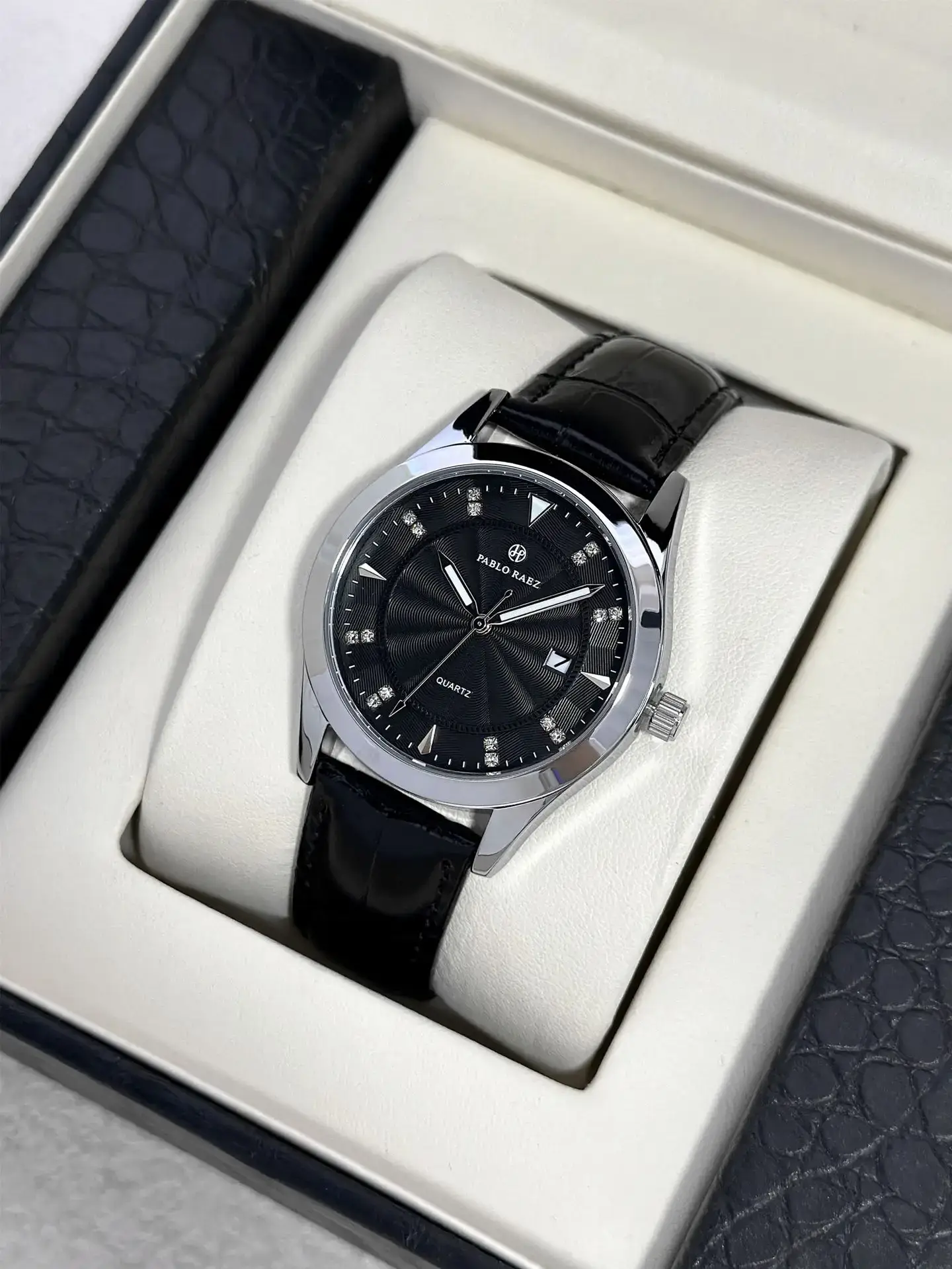 Men's Black Quartz Watch with Leather Strap — feature 13