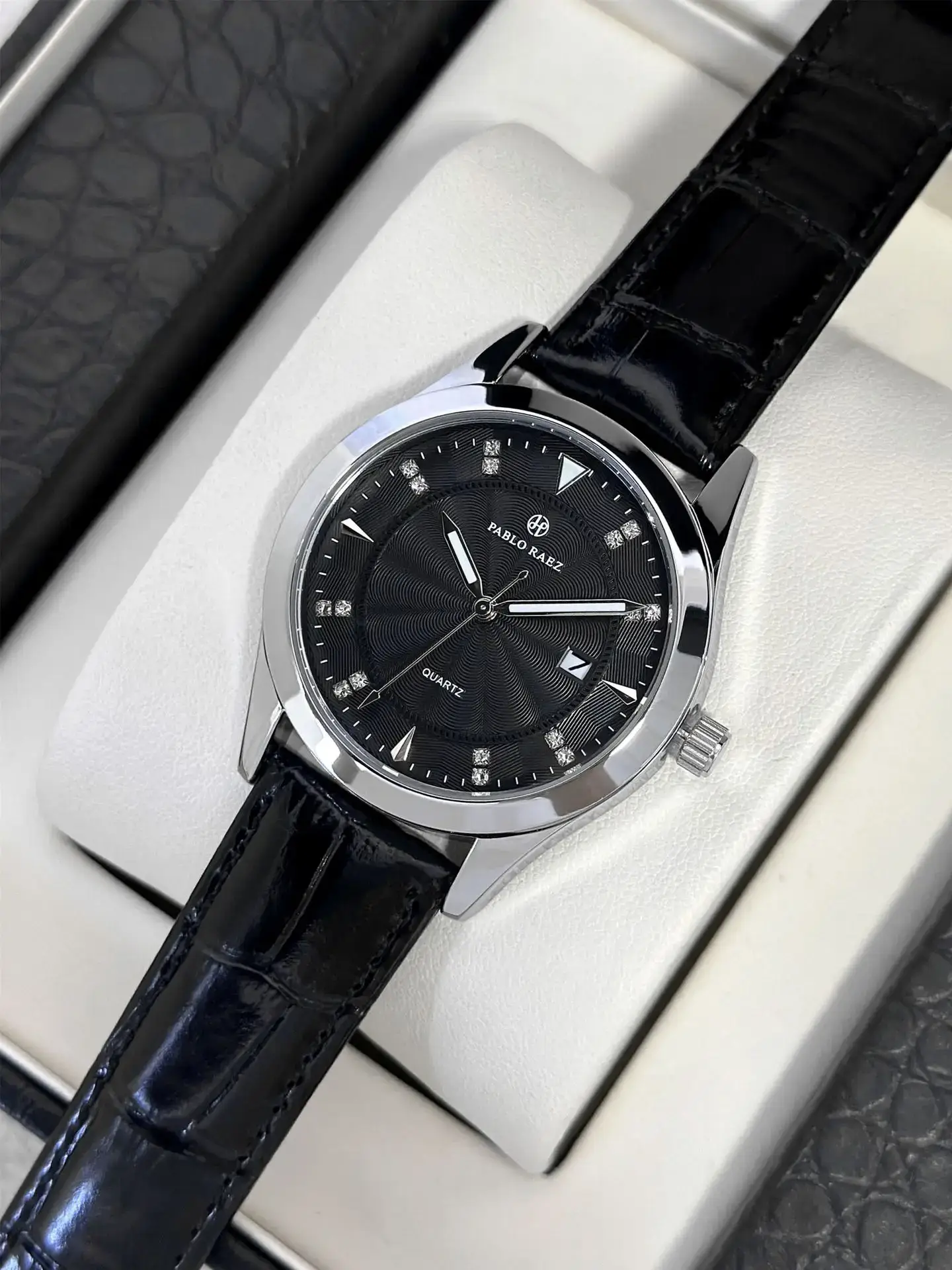 Men's Black Quartz Watch with Leather Strap — feature 14