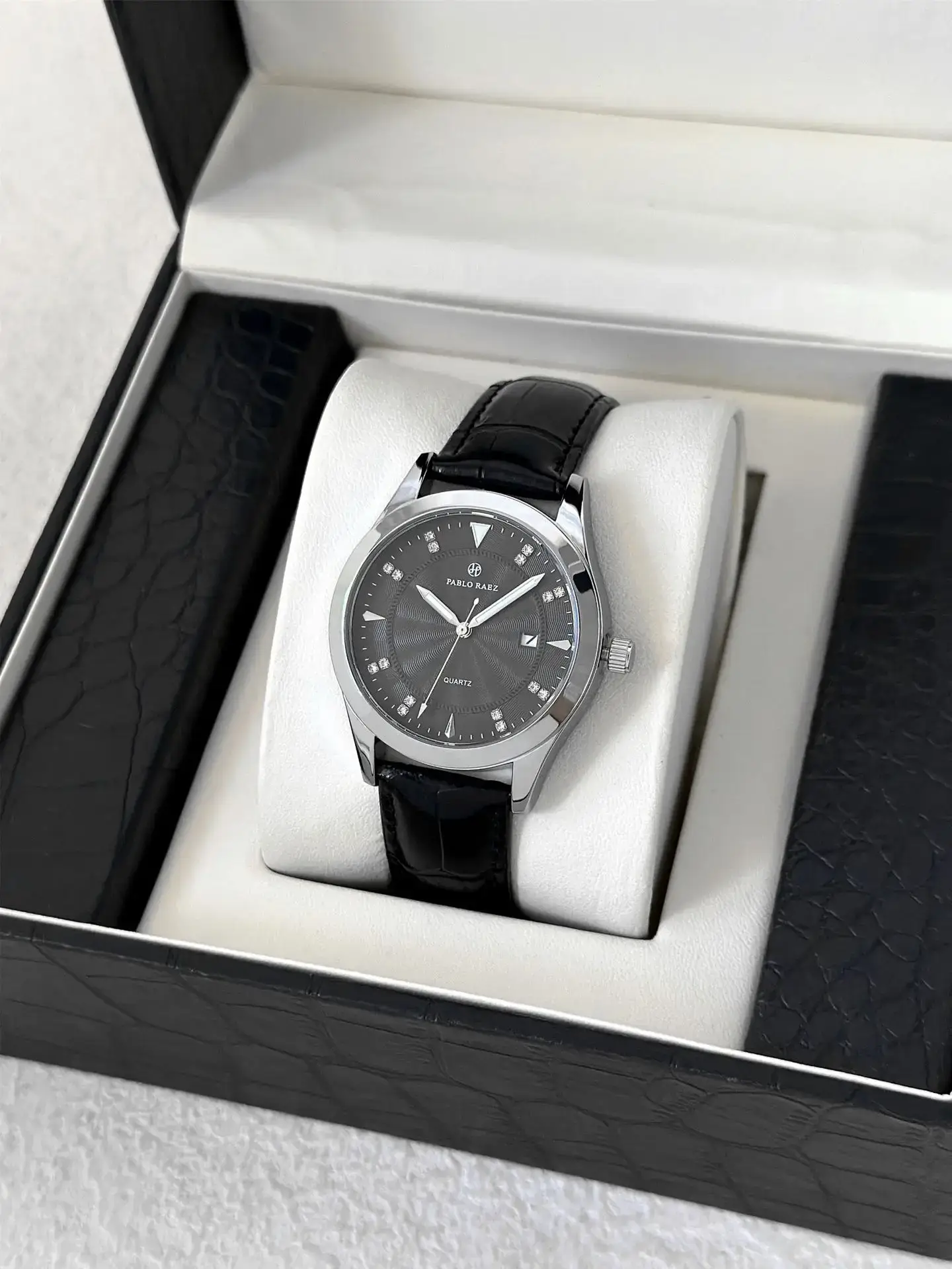 Men's Black Quartz Watch with Leather Strap — feature 4