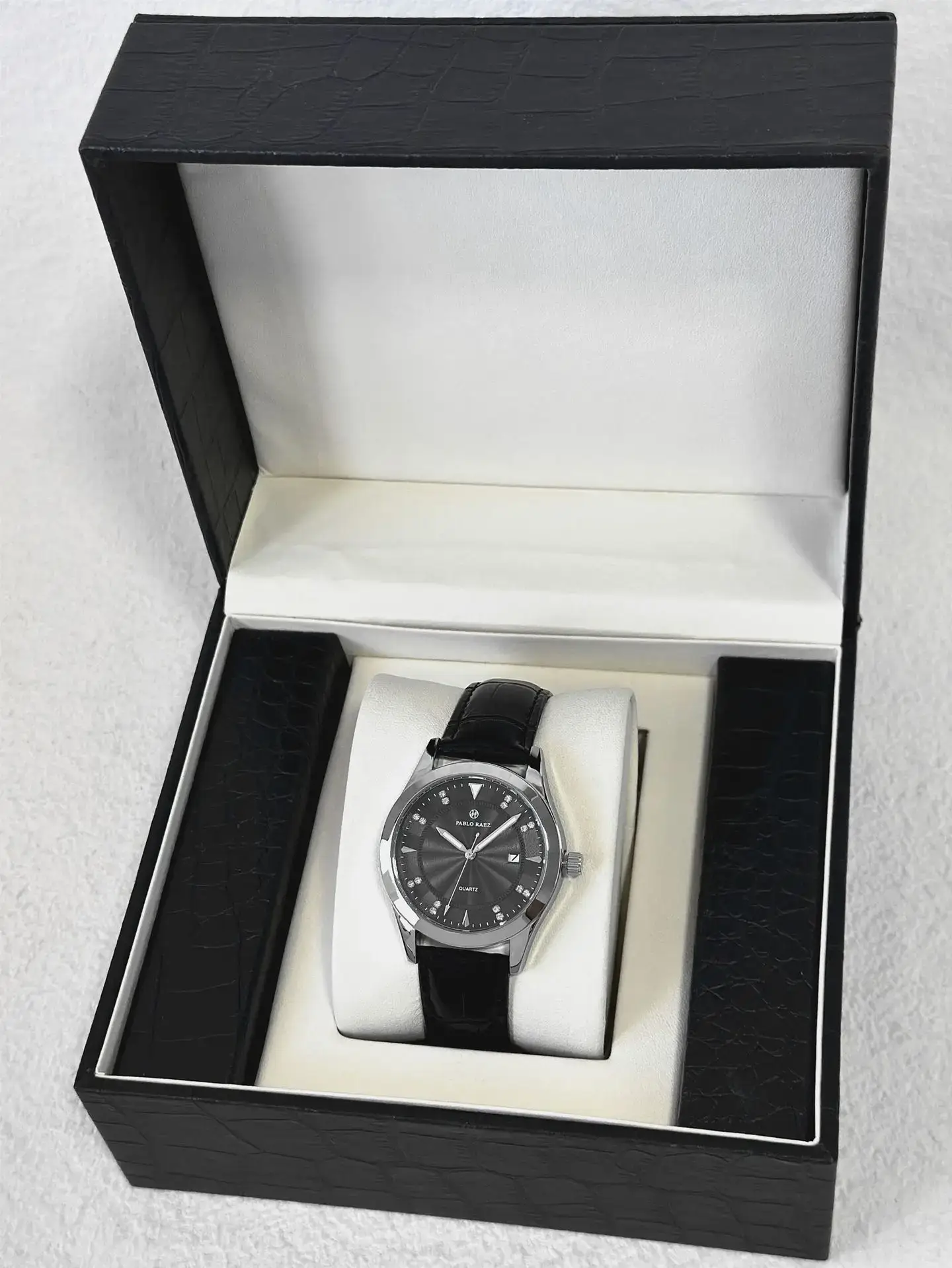 Men's Black Quartz Watch with Leather Strap — feature 6