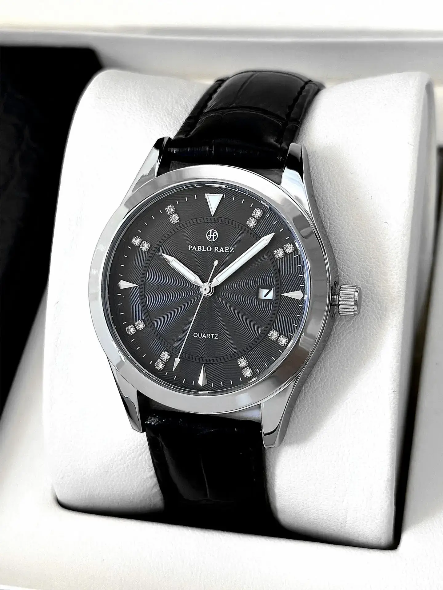 Men's Black Quartz Watch with Leather Strap — feature 7