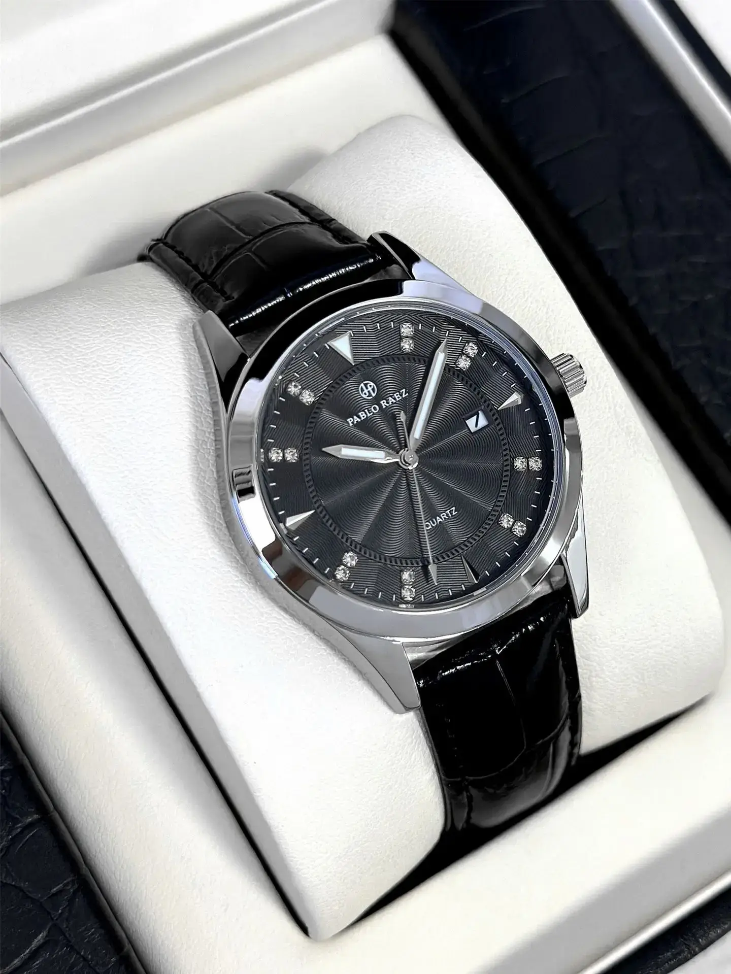 Men's Black Quartz Watch with Leather Strap — feature 8