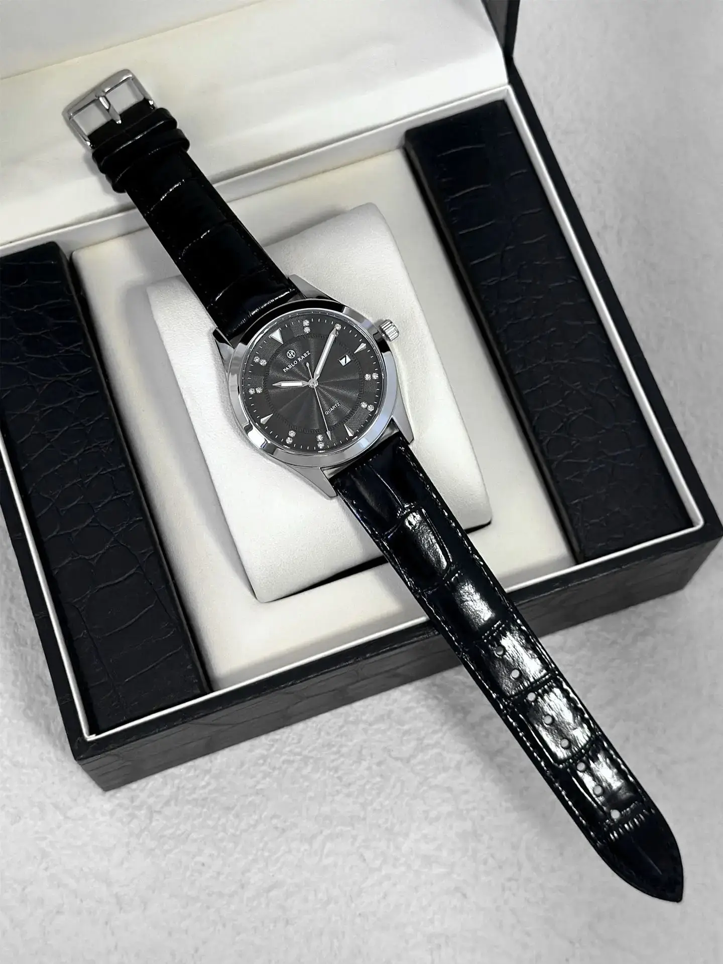 Men's Black Quartz Watch with Leather Strap — feature 9