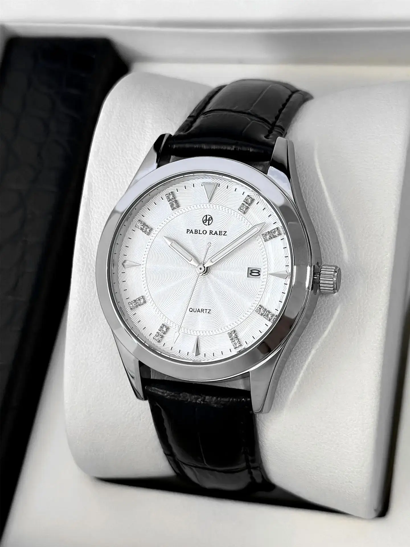 Men's Black Quartz Watch with Leather Strap - Image 2