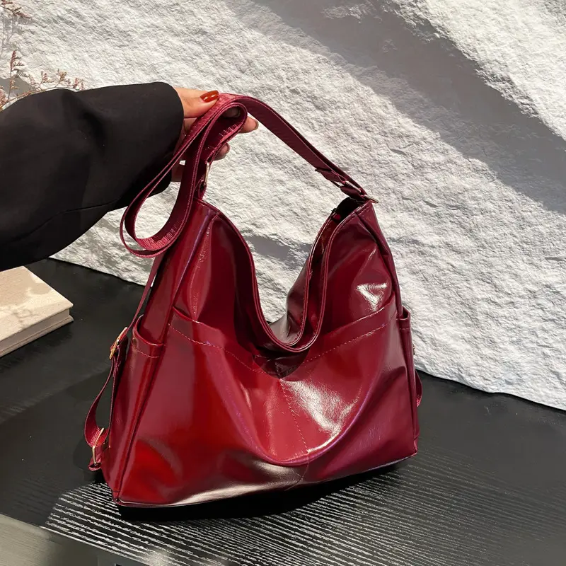Women Red Glossy Shoulder Bag 2024 Winter School Use