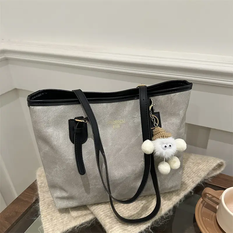 Women's Brown Velvet Casual Tote Bag with Pom Pom Charm