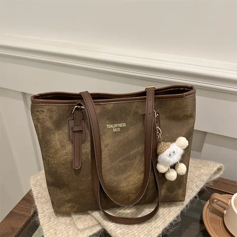 Women's Brown Velvet Casual Tote Bag with Pom Pom Charm