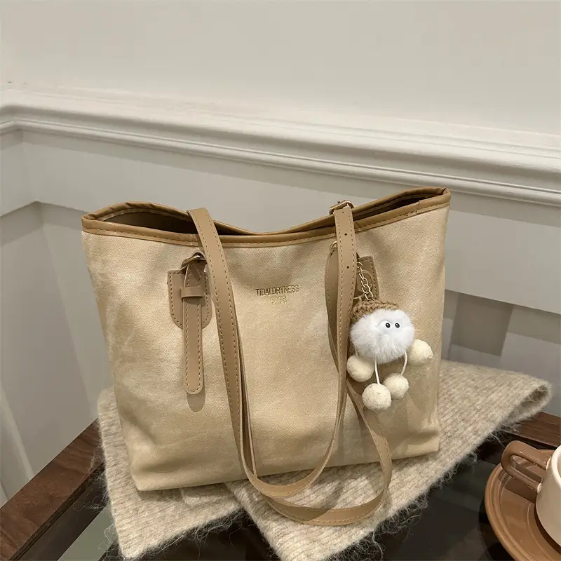 Women's Brown Velvet Casual Tote Bag with Pom Pom Charm