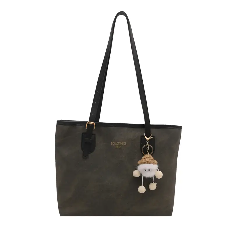 Women's Brown Velvet Casual Tote Bag with Pom Pom Charm
