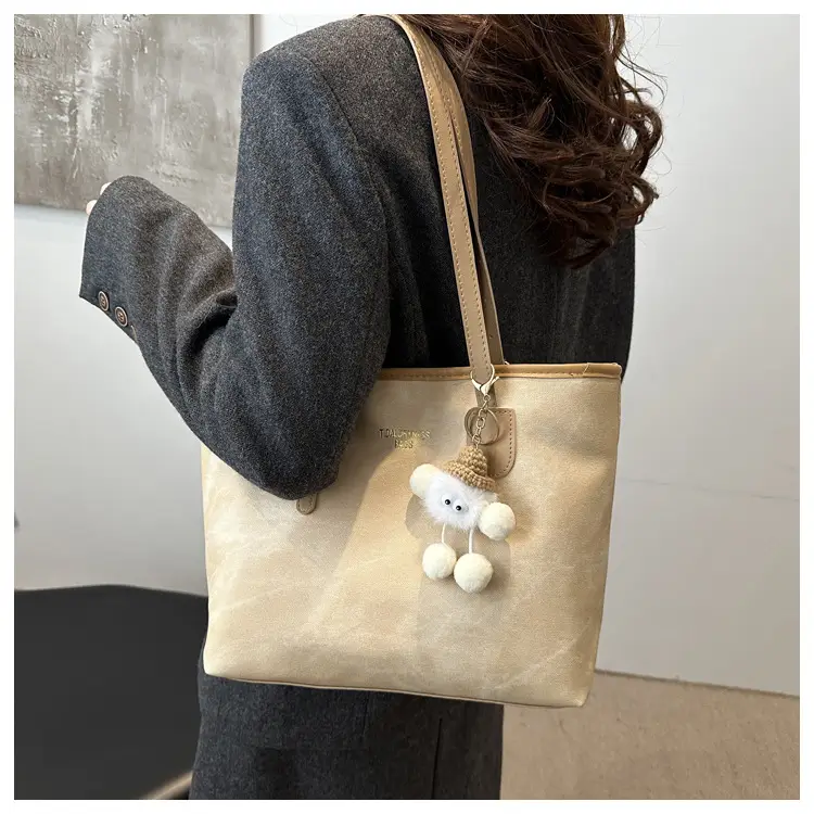 Women's Brown Velvet Casual Tote Bag with Pom Pom Charm — feature 10
