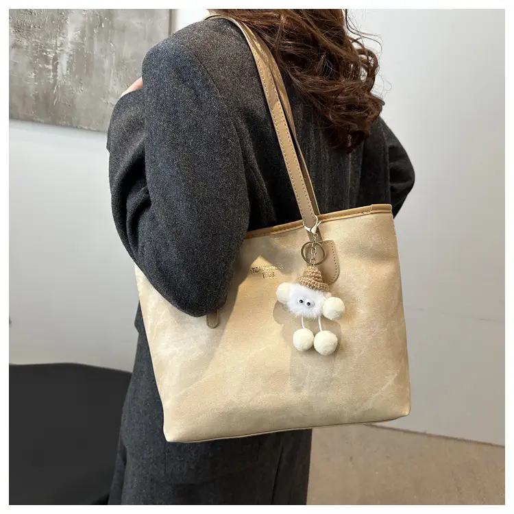 Women's Brown Velvet Casual Tote Bag with Pom Pom Charm — feature 11