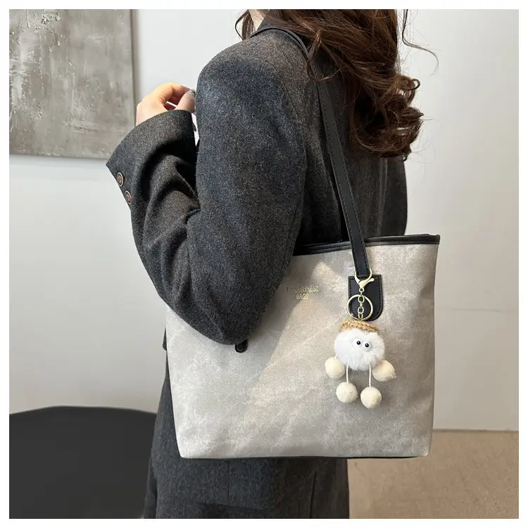Women's Brown Velvet Casual Tote Bag with Pom Pom Charm — feature 12