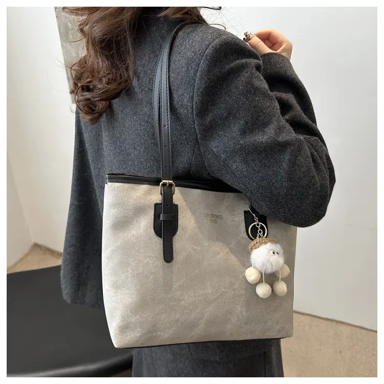 Women's Brown Velvet Casual Tote Bag with Pom Pom Charm — feature 13