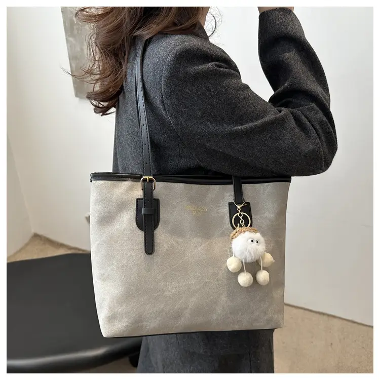 Women's Brown Velvet Casual Tote Bag with Pom Pom Charm — feature 14