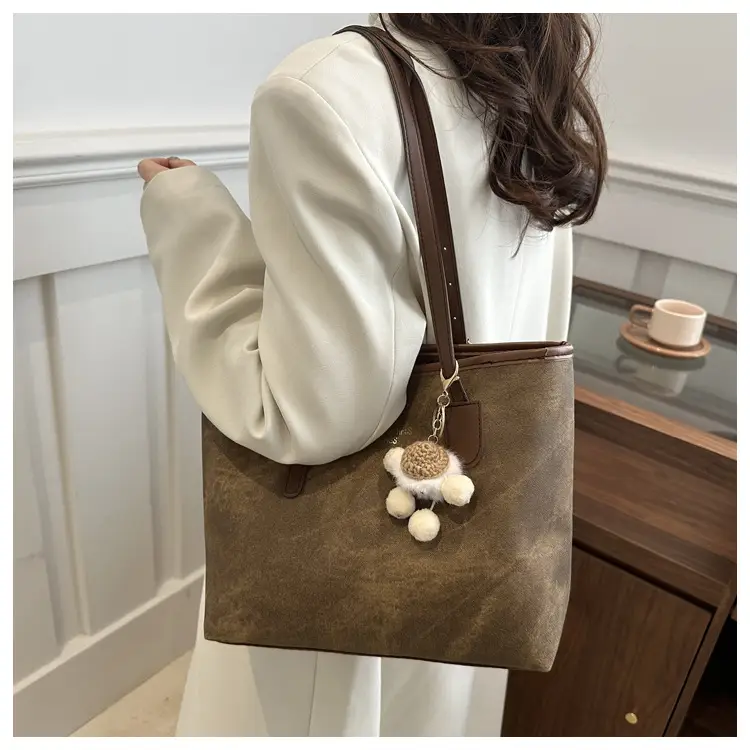 Women's Brown Velvet Casual Tote Bag with Pom Pom Charm — feature 15