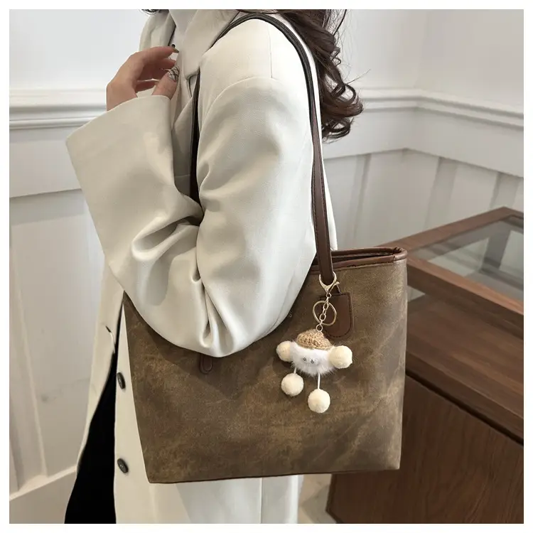 Women's Brown Velvet Casual Tote Bag with Pom Pom Charm — feature 16