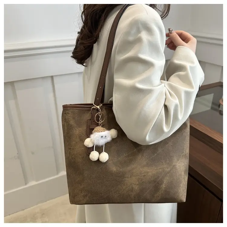 Women's Brown Velvet Casual Tote Bag with Pom Pom Charm — feature 17