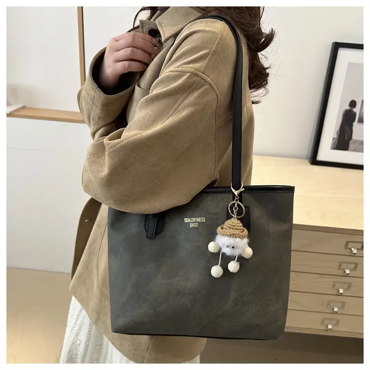 Women's Brown Velvet Casual Tote Bag with Pom Pom Charm — feature 18