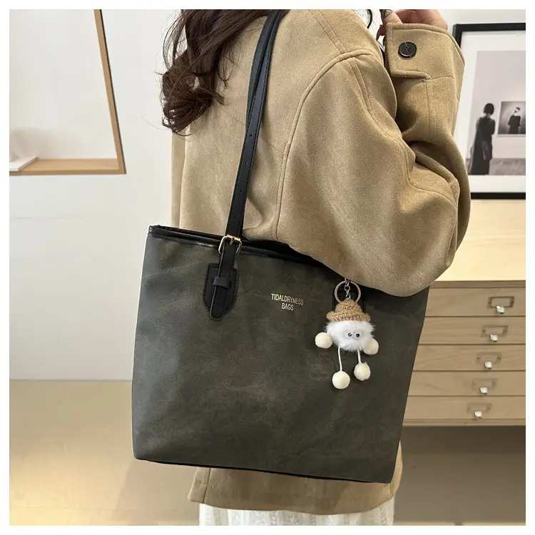 Women's Brown Velvet Casual Tote Bag with Pom Pom Charm — feature 19