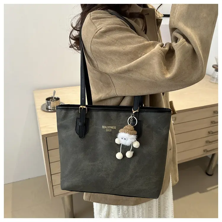 Women's Brown Velvet Casual Tote Bag with Pom Pom Charm — feature 20