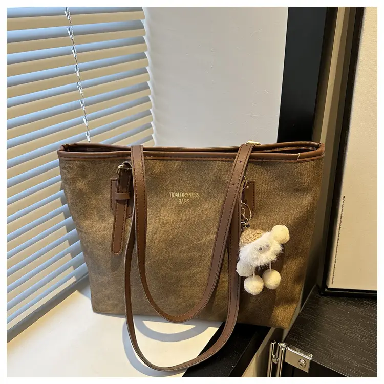 Women's Brown Velvet Casual Tote Bag with Pom Pom Charm — feature 21