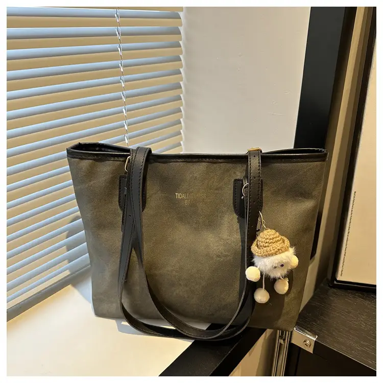 Women's Brown Velvet Casual Tote Bag with Pom Pom Charm — feature 22