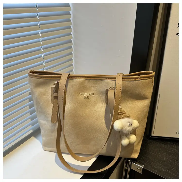 Women's Brown Velvet Casual Tote Bag with Pom Pom Charm — feature 23