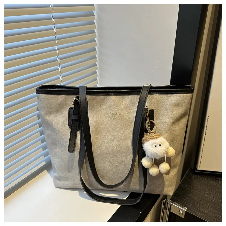 Women's Brown Velvet Casual Tote Bag with Pom Pom Charm — feature 24