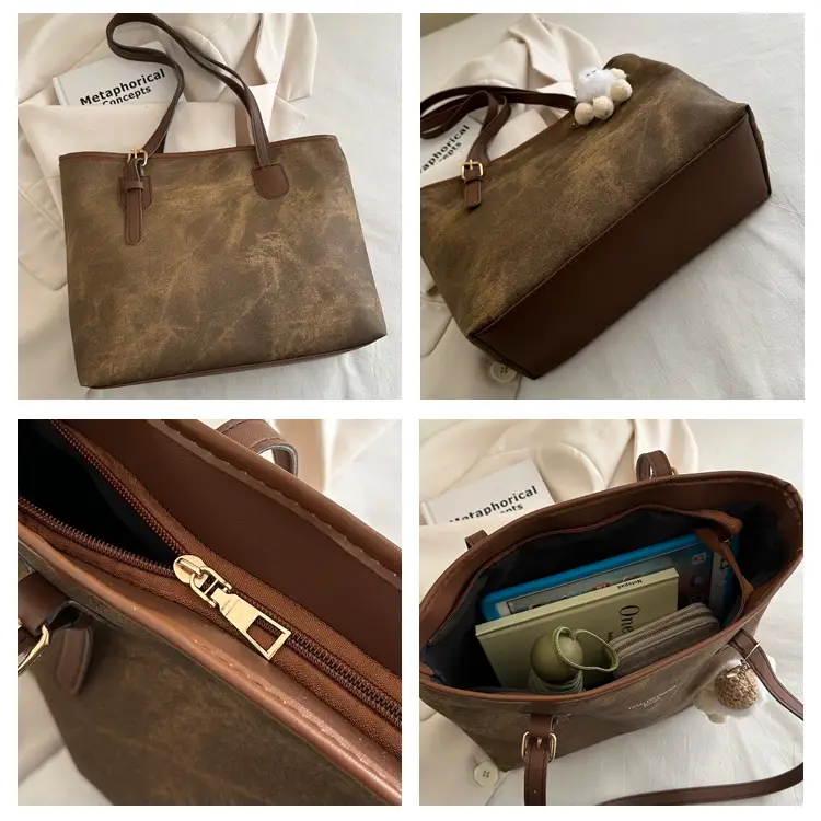 Women's Brown Velvet Casual Tote Bag with Pom Pom Charm — feature 8