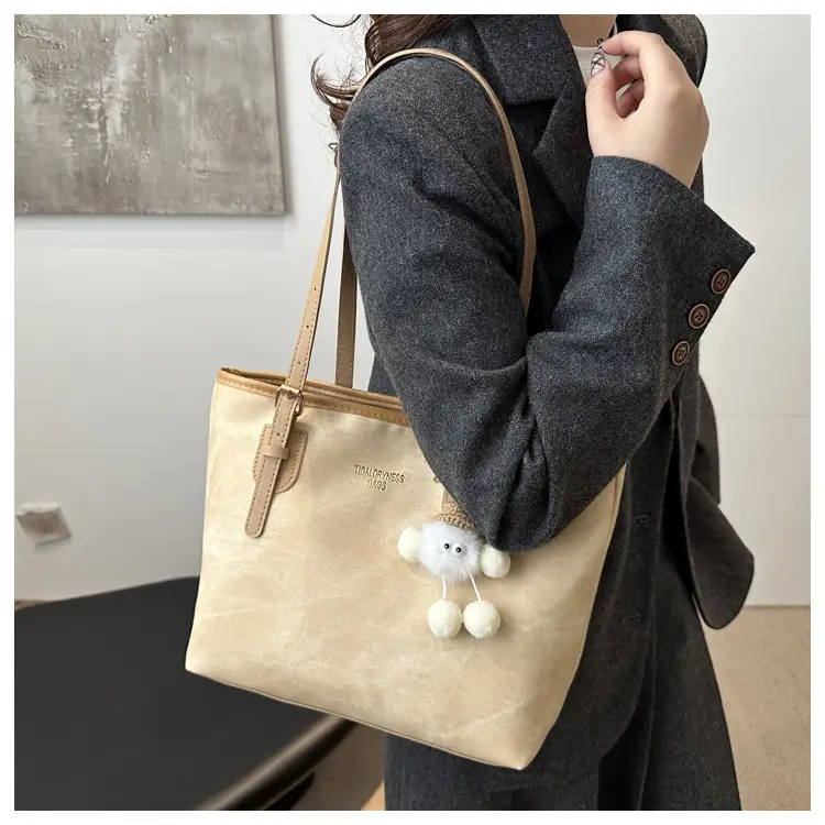 Women's Brown Velvet Casual Tote Bag with Pom Pom Charm — feature 9