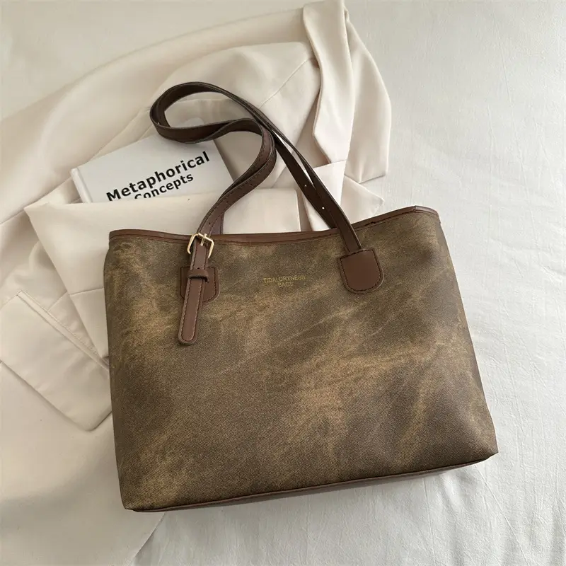 Women's Brown Velvet Casual Tote Bag with Pom Pom Charm