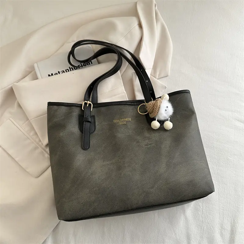 Women's Brown Velvet Casual Tote Bag with Pom Pom Charm