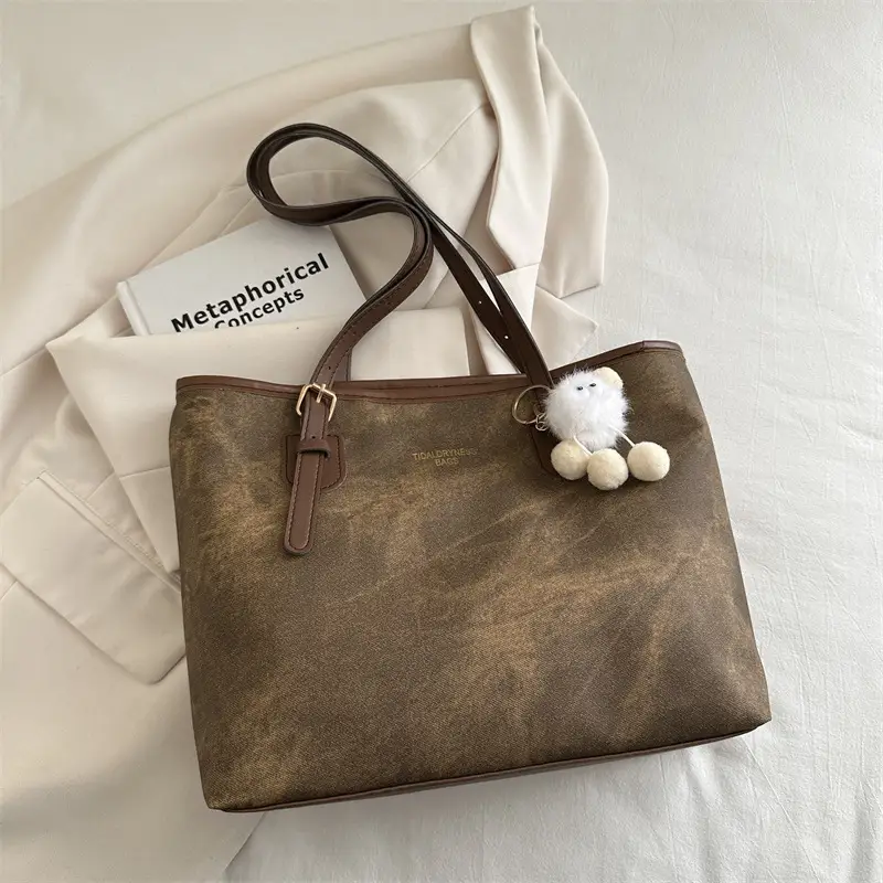 Women's Brown Velvet Casual Tote Bag with Pom Pom Charm