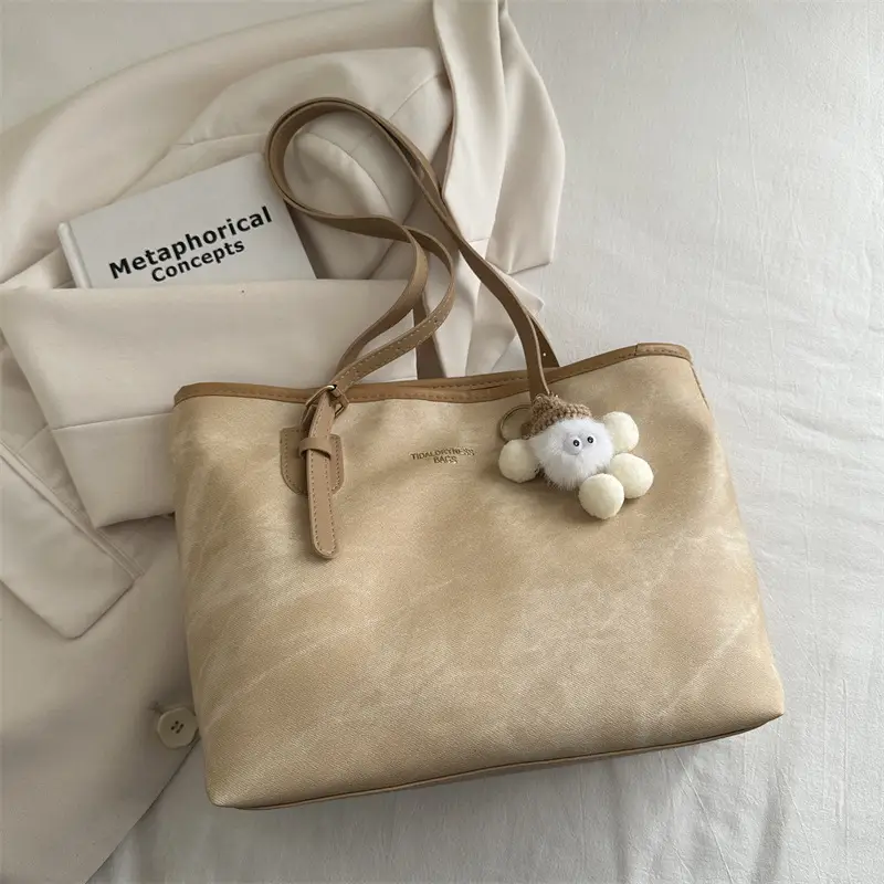 Women's Brown Velvet Casual Tote Bag with Pom Pom Charm