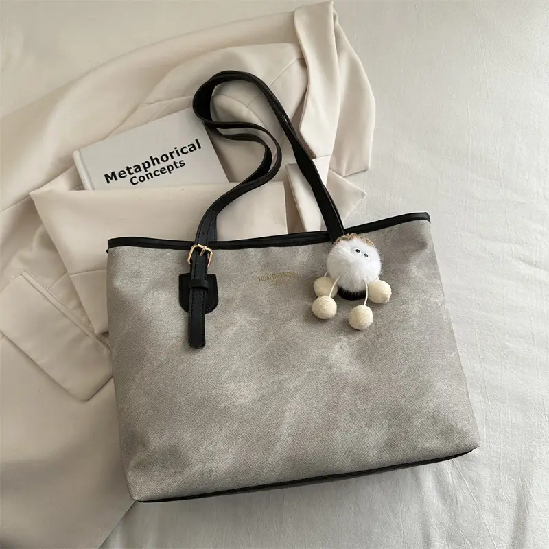 Women's Brown Velvet Casual Tote Bag with Pom Pom Charm