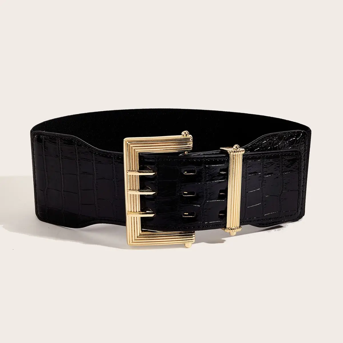 Black Croc Belt with Gold Buckle for Women - Image 3